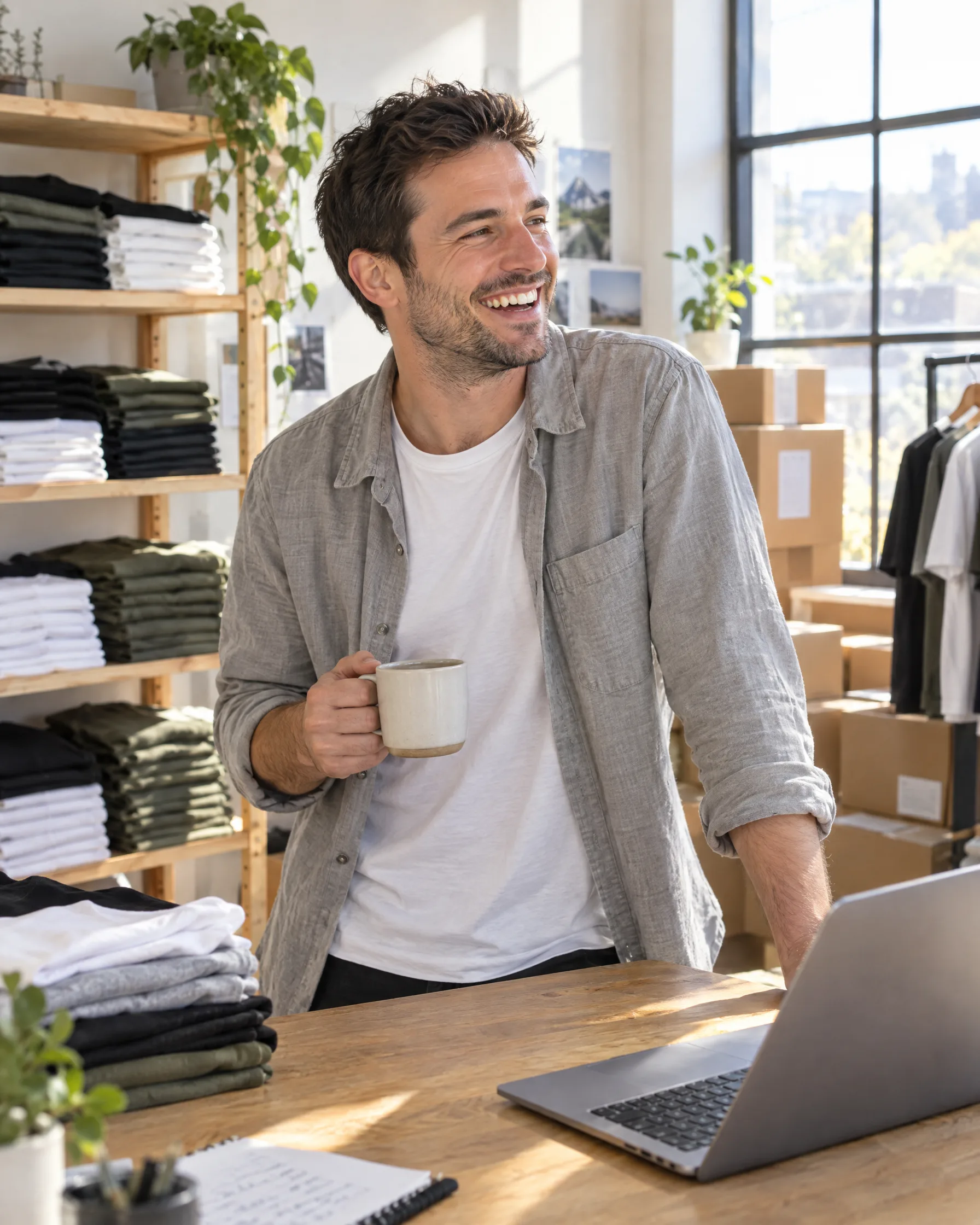 An online streetwear founder laughing in his studio